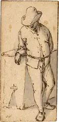 Adriaen van Ostade, Stehender Bauer, sich auf ein Bord stützend, Circa 1660, Pen and ink in bister, washed with a brush in grey, on laid paper