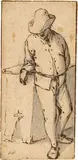 Adriaen van Ostade, Stehender Bauer, sich auf ein Bord stützend, Circa 1660, Pen and ink in bister, washed with a brush in grey, on laid paper