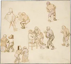 Isaack van Ostade, Skizzenblatt mit Wirtshausszene und Einzelfiguren, Circa 1642, Pen in bister, over a light preparatory drawing in lead pencil, watercolour in different colours, on thin laid paper with watermark "Crowned Shield" (Schnackenburg ill. vol. I, ill. 243)
