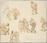 Isaack van Ostade, Skizzenblatt mit Wirtshausszene und Einzelfiguren, Circa 1642, Pen in bister, over a light preparatory drawing in lead pencil, watercolour in different colours, on thin laid paper with watermark "Crowned Shield" (Schnackenburg ill. vol. I, ill. 243)