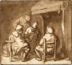 Isaack van Ostade, Vier plaudernde Bauern am Kamin, Circa 1640, Pen in bister, over a preliminary drawing in black chalk, dark brown wash, on laid paper. With lead pencil sketches on the reverse