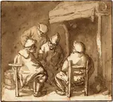 Isaack van Ostade, Vier plaudernde Bauern am Kamin, Circa 1640, Pen in bister, over a preliminary drawing in black chalk, dark brown wash, on laid paper. With lead pencil sketches on the reverse