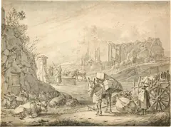 Campagnalandschaft mit Ruinen und rastenden Landleuten an einem Brunnen by Willem Romeyn, Circa 1660-1695, Brush in grey ink with grey wash on laid paper with watermark "Posthorn" (cf. Laurentius II, no. 663, documented for Ghe, sold Sep 2024