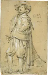 Cornelis Saftleven, Eleganter junger Mann in ganzer Figur, die linke Hand in die Hüfte gestützt, mit Degen, 1630, Black chalk, lightly heightened with a brush in white, on laid paper