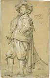 Cornelis Saftleven, Eleganter junger Mann in ganzer Figur, die linke Hand in die Hüfte gestützt, mit Degen, 1630, Black chalk, lightly heightened with a brush in white, on laid paper