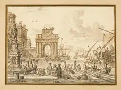 Jacobus Storck, Italienische Hafenlandschaft, links mit Triumphbogen, grossem Palast und Brunnen, 1680, Pen and ink in bister, washed with a brush in grey ink, on laid paper