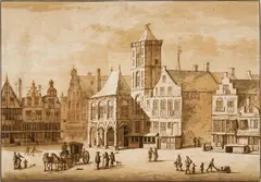 Jacob van der Ulft, Das alte Rathaus von Amsterdam, mit Figurengruppen, links Kutsche mit zwei Pferden, Circa 1650, Pen and brush in bister on laid paper