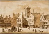 Jacob van der Ulft, Das alte Rathaus von Amsterdam, mit Figurengruppen, links Kutsche mit zwei Pferden, Circa 1650, Pen and brush in bister on laid paper