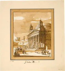 Jacob van der Ulft, Ansicht des Pantheons in Rom, mit Staffage - Rückseitig Skizze einer Kirche mit Obelisk, Circa 1664, Pen and ink, washed with a brush in bister, on laid paper