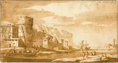 Jacob van der Ulft, Italienische Hafenszene nahe einer Flussmündung, links mit beladener Barke vor einem Befestigungsturm, 1689, Pen in bister, washed with a brush in bister, on laid paper