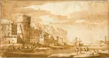 Jacob van der Ulft, Italienische Hafenszene nahe einer Flussmündung, links mit beladener Barke vor einem Befestigungsturm, 1689, Pen in bister, washed with a brush in bister, on laid paper