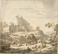 Adriaen van de Velde, Hirtenpaar mit Kühen und Schafen vor grossem Gebäude auf einem Hügel in Italien, Circa 1666, Pen and ink in bister, washed in grey ink, on laid paper