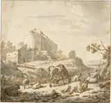 Adriaen van de Velde, Hirtenpaar mit Kühen und Schafen vor grossem Gebäude auf einem Hügel in Italien, Circa 1666, Pen and ink in bister, washed in grey ink, on laid paper