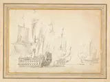 Willem van de Velde d.J., Grosses englisches Kriegsschiff, mit Kanonen auf drei Etagen, begleitet von einem kleineren Kriegsschiff, Circa 1685, Black chalk, washes in ink with a brush, on laid paper
