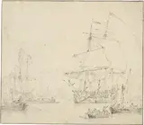 Willem van de Velde d.J., Kriegsschiff, begleitet von Booten, Circa 1680, Black chalk on laid paper with watermark by the mark "IA"