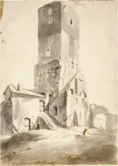 Jan Baptist Weenix, Bauernhaus an altem Befestigungsturm in Italien, Circa 1643-47, Pen and brush in grey and black ink, over graphite, completed by another hand with a brush in light brown ink, on laid paper with indistinct watermark