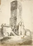 Jan Baptist Weenix, Bauernhaus an altem Befestigungsturm in Italien, Circa 1643-47, Pen and brush in grey and black ink, over graphite, completed by another hand with a brush in light brown ink, on laid paper with indistinct watermark