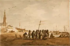 Simon de Vlieger, Grosse Figurengruppe am Strand, mit Booten, links oben mit Kirche, 1632, Pen in bister, wash in brush in bister, the sea horizon in brush in ink, on laid paper