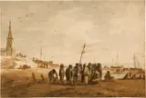 Simon de Vlieger, Grosse Figurengruppe am Strand, mit Booten, links oben mit Kirche, 1632, Pen in bister, wash in brush in bister, the sea horizon in brush in ink, on laid paper