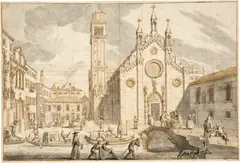 Giuseppe Valeriani, Chiesa dei Frari, Um 1720, Pen and sepia ink, washed in ink, on laid paper