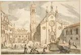 Giuseppe Valeriani, Chiesa dei Frari, Um 1720, Pen and sepia ink, washed in ink, on laid paper