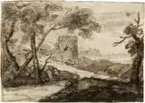 genannt Le Lorrain Claude Gellée, Paysage à la grande tour, Circa 1635-1637, Black pencil, pen and ink with brush wash over chalk, on laid paper