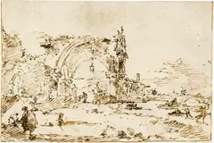 Francesco Guardi, Capriccio con arco rovinato e mura di paese, Pen and brown ink on laid paper