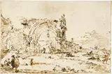 Francesco Guardi, Capriccio con arco rovinato e mura di paese, Pen and brown ink on laid paper
