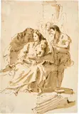 Giovanni Battista Tiepolo, Die Heilige Familie mit einem Schäfer und einem Engel, Pen and brown ink, wash, on laid paper with watermark "IP with circle and three-leaf flower"