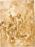 Giovanni Domenico Tiepolo, Taufe Christi, Circa 1770, Pen and brown ink, wash, on laid paper with watermark "Double-Headed Eagle"