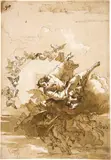 Giovanni Domenico Tiepolo, Gottvater, nach links, von Engeln getragen, Pen and ink in bister, wash, on laid paper