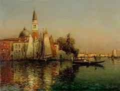 Blick auf Venedig mit dem Glockenturm von San Marco by Marc Aldine, Oil on canvas, sold Sep 2024