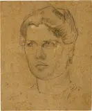 Cuno Amiet, Kopfstudie zu "Richesse du soir" (Kopf von Anna Amiet), Around 1899, Chalk and pencil drawing on brown cardboard