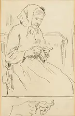 Strickende Bäuerin und Handstudien / Lesende Bäuerin (rückseitig) by Albert Anker, Pen and ink drawing on wove paper, sold Sep 2024