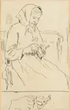 Albert Anker, Strickende Bäuerin und Handstudien / Lesende Bäuerin (rückseitig), Pen and ink drawing on wove paper
