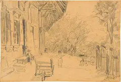 Vorplatz des Künstlerhauses mit spielenden Kindern by Albert Anker, Around 1870, Pencil drawing on firm wove paper, sold Sep 2024