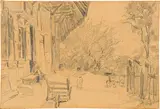 Albert Anker, Vorplatz des Künstlerhauses mit spielenden Kindern, Around 1870, Pencil drawing on firm wove paper