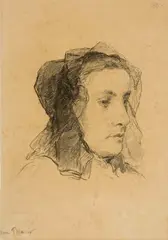 Albert Anker, Tête de jeune fille avec ancien bonnet bernois, Charcoal drawing on firm wove paper