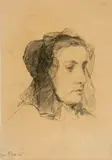 Albert Anker, Tête de jeune fille avec ancien bonnet bernois, Charcoal drawing on firm wove paper