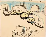 Ausschiffungsplatz unterhalb der Augustusbrücke in Dresden by Ernst Ludwig Kirchner, Around 1908, Ink drawing on wove paper, reworked with coloured chalk, sold Sep 2024