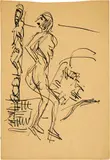 Stehender weiblicher Akt neben geschnitztem Ofenpfeiler by Ernst Ludwig Kirchner, Around 1924, Pen and ink drawing on firm wove paper, sold Sep 2024
