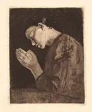 Käthe Kollwitz, Betendes Mädchen. - Vier Männer in der Kneipe. - An der Kirchenmauer. - Frau an der Wiege
