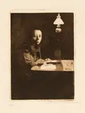 Käthe Kollwitz, Selbstbildnis am Tisch, Around 1893, Line etching, drypoint, aquatint and brush etching on strong copperplate paper