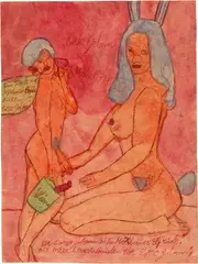 Johann Korec, Der Korec Johann und die Mörxbauer Elfriede, 1974, Watercolour and red ink on brownish wrapping paper
