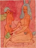 Johann Korec, Der Korec Johann und die Mörxbauer Elfriede, 1974, Watercolour and red ink on brownish wrapping paper