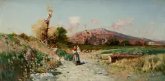 Antonio Lonza, Mutter mit Kind auf einem Weg, Oil on canvas