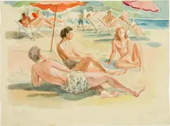 Elena Luksch-Makowsky, Strandszene in Juan-les-Pins, 1948, Watercolour over a light preparatory drawing in pencil on wove paper