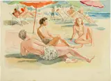Elena Luksch-Makowsky, Strandszene in Juan-les-Pins, 1948, Watercolour over a light preparatory drawing in pencil on wove paper