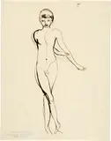 Otto Meyer-Amden, Tanzender Knabenakt (Schwendiknabe), beide Arme und sein überkreuztes rechtes Bein diagonal nach rechts gehalten, 1928-1932, Ink and pencil on wove paper