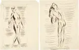 Otto Meyer-Amden, Stehender Knabenakt vor Vorhang, frontal, Kopf nach lins gewendet. - Sich entkleidender Rückenakt vor Vorhang, nach links gewendet, 1928-1932, Ink drawing on cream-coloured wove paper